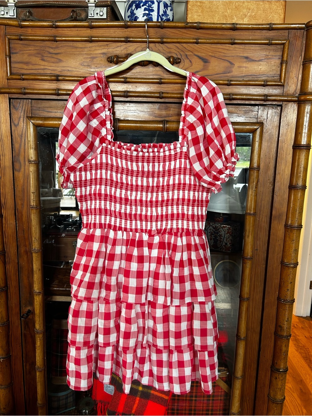 English Factory Red and White Gingham Puff-Sleeve Dress